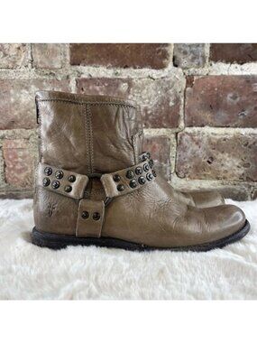 Frye Women's Phillip Brown / Taupe Leather Studded Harness Boots Sz 6